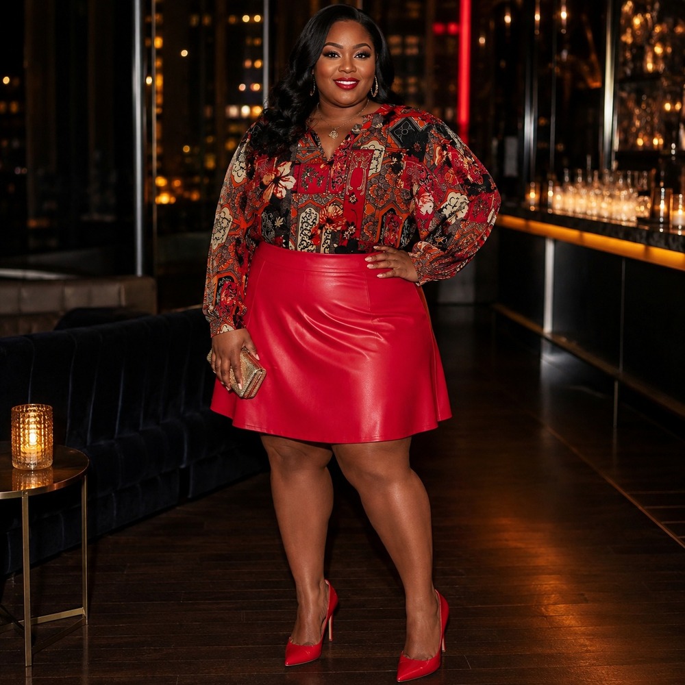 39. Emery Rose & Shein 3X Set Red Patterned Blouse & Faux Leather A-Line Skirt